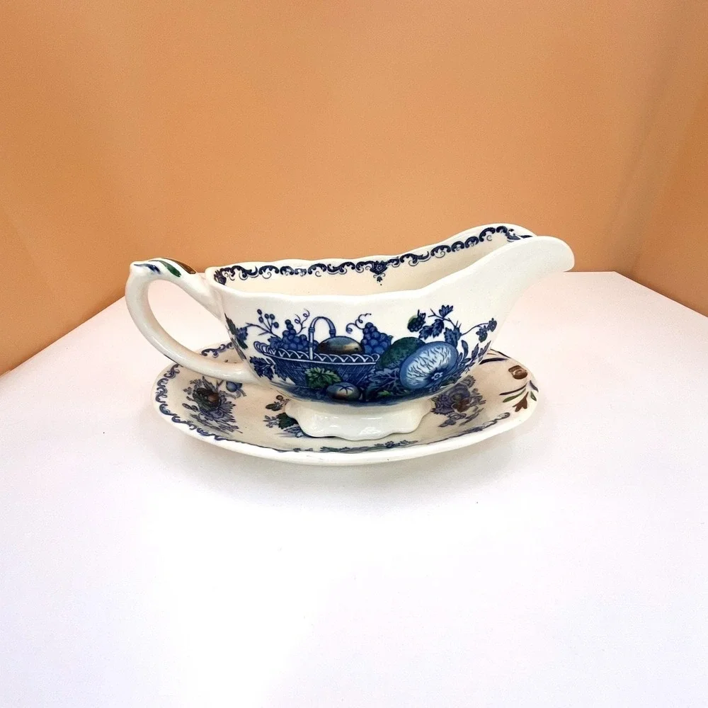 Mason's Ironstone Gravy Boat with‎ Saucer: Blue Fruit Basket Chinoiserie